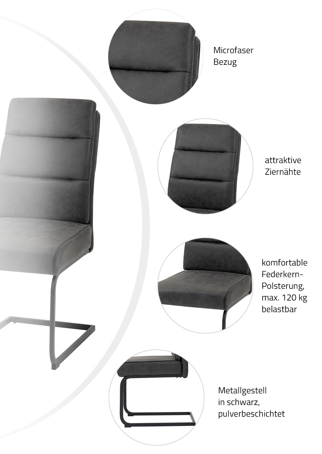 Schwingstuhl anthrazit Federkern-Polsterung Microfaser - MARGA